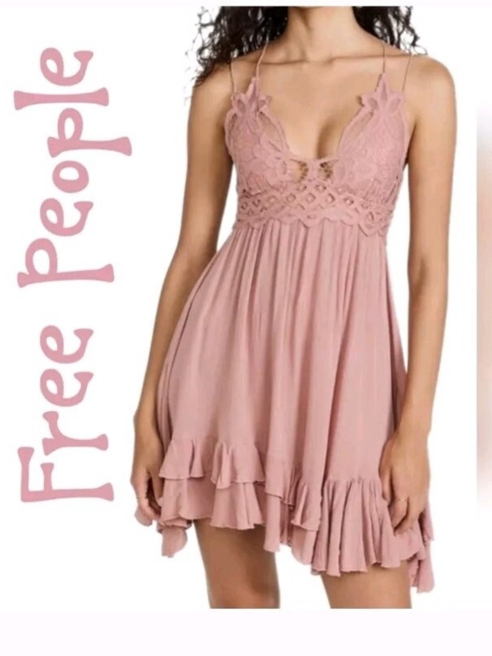 Free People Dusty Rose Lace-Trim Mini Dress